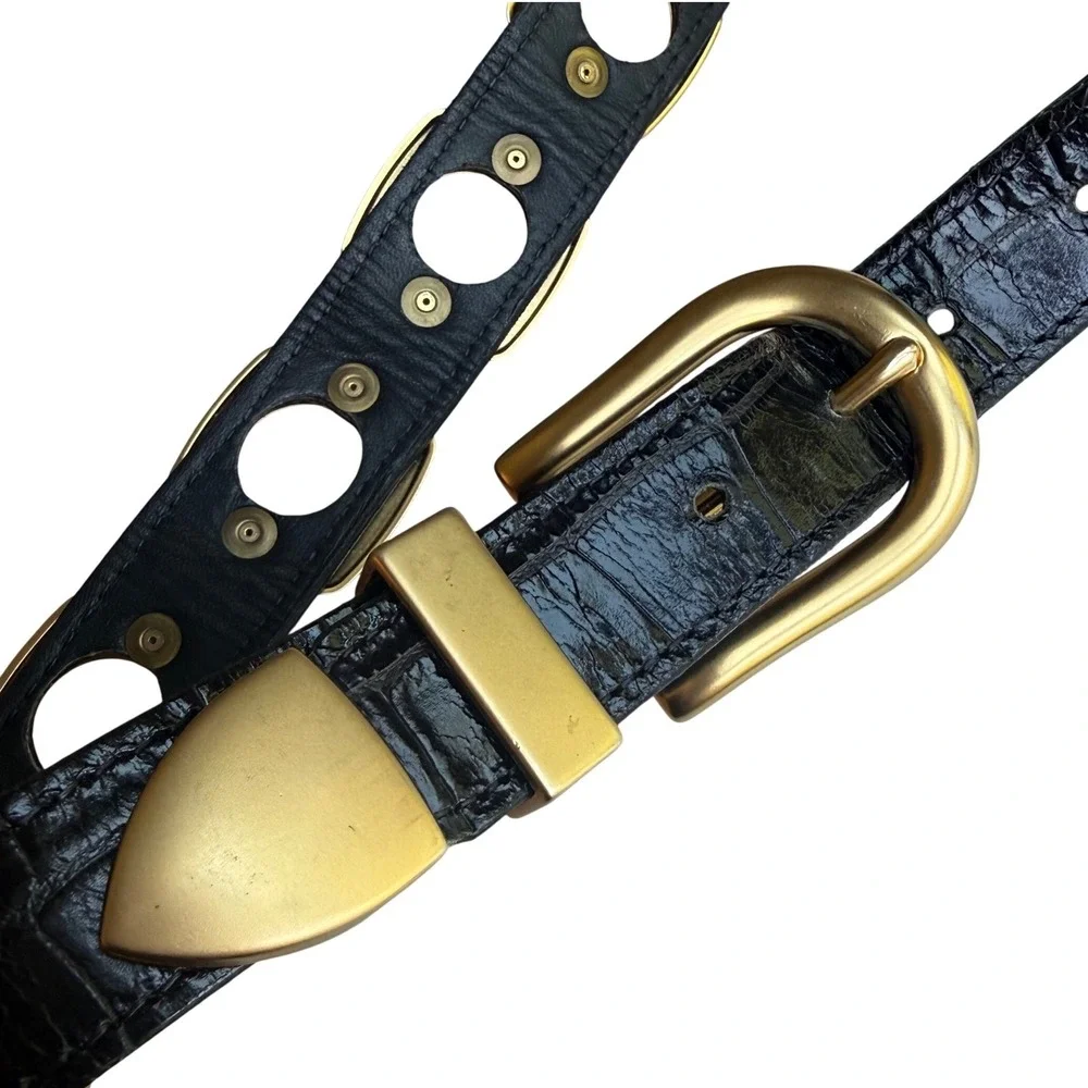 Vintage Black Croc Embossed Leather Grommet Belt Gold Tone Made in Spain XS/S